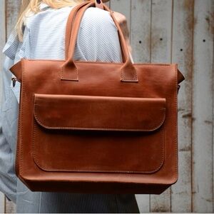 Minimalist brown leather bag unbranded simple minimal front pocket zipper tote